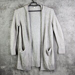 Womens Heather Gray Gap Long Hooded Cardigan Sweater Open Front w/ Pockets S